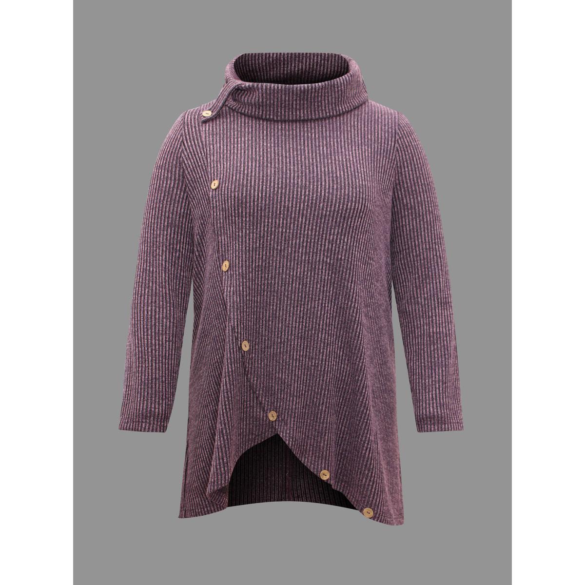 Plus Size Rib Knit Button Detail Wrap Hem Sweatshirt Women Mauve Leisure Overlapping Loose Ruffled collar Casual Sweatshirts BloomChic 12/L Product Image
