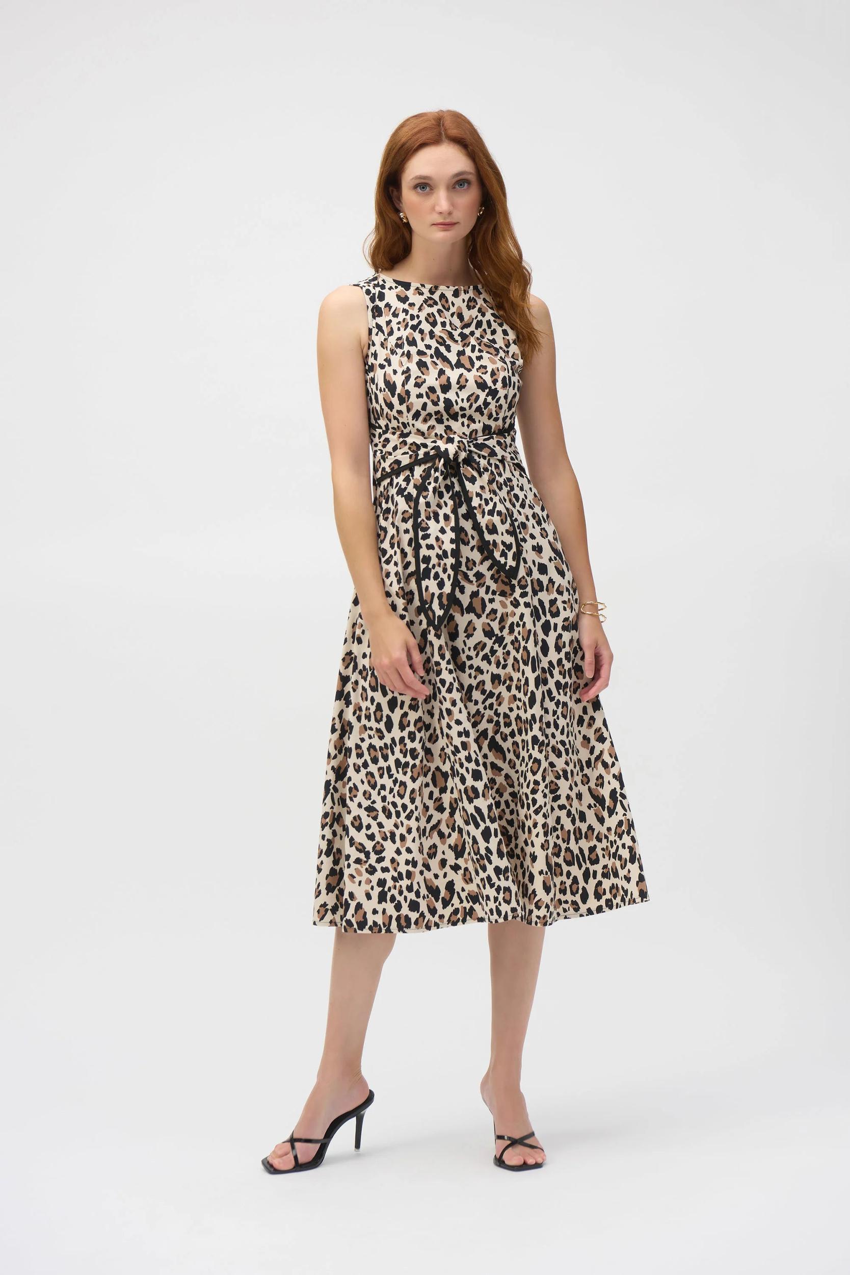 Poplin Animal Print Fit and Flare Dress- Beige/Black Product Image