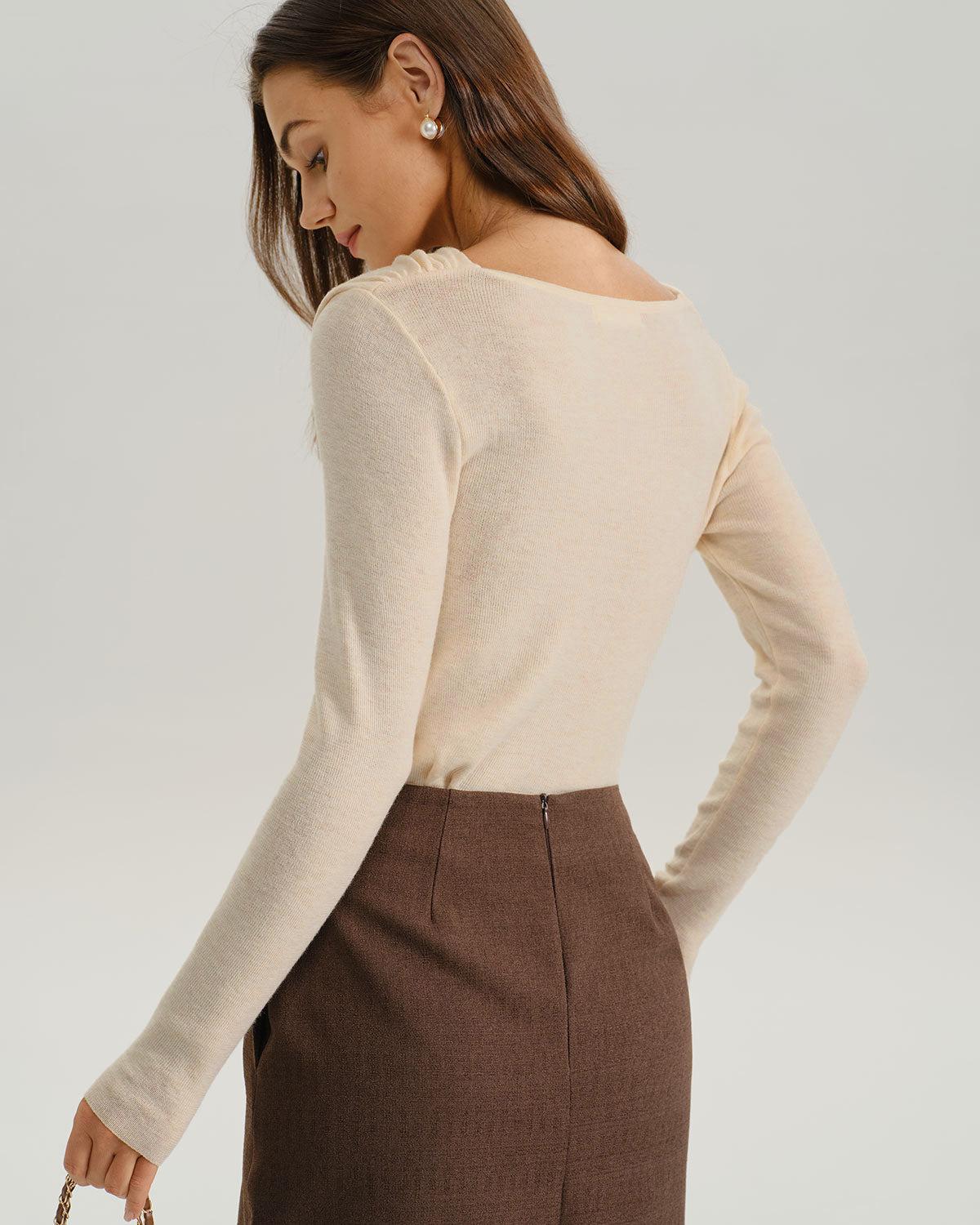 Apricot Cowl Neck Ruched Slim Tee Product Image
