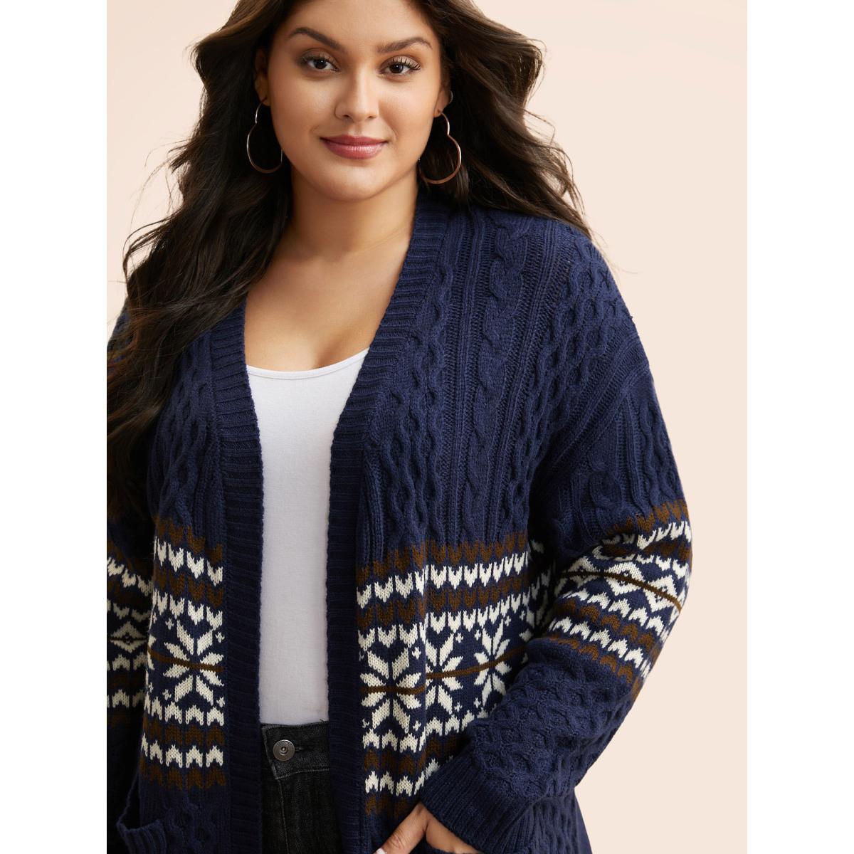 Plus Size Bandana Cable Knit Contrast Pocket Cardigan Midnight Women Casual Loose Long Sleeve Everyday Cardigans BloomChic 26/4X Product Image