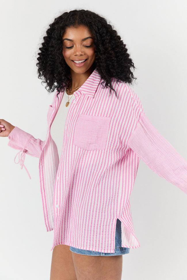 Daybreak Dreams Pink Gauze Multi Stripe Button Down Top FINAL SALE Product Image