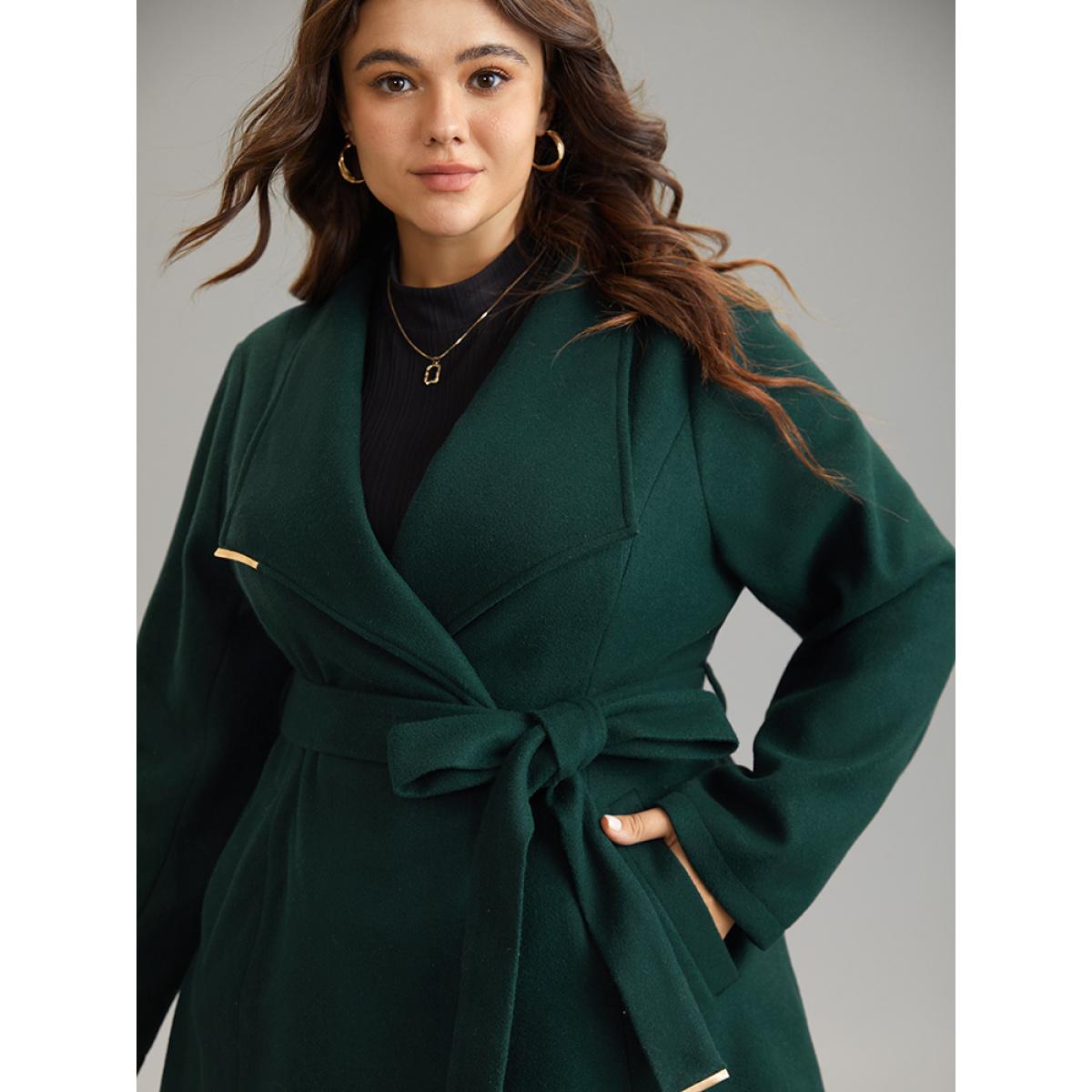 Plus Size Plain Belted Metal Detail Lapel Collar Coat Women DarkGreen Elegant Lined Ladies Everyday Winter Coats BloomChic 14-16/1X Product Image