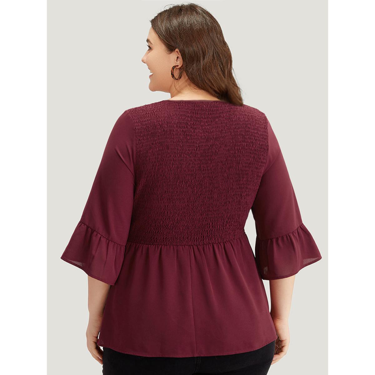 Plus Size Scarlet Plain Shirred Patchwork Ruffle Trim V Neck Blouse Women Elegant Half Sleeve V-neck Dailywear Blouses BloomChic 22-24/3X Product Image