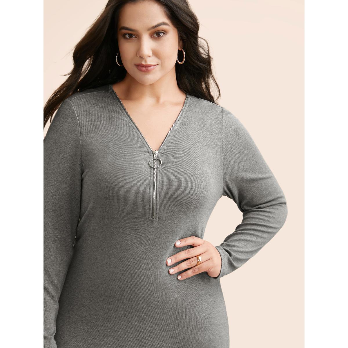Plus Size Solid Knit Zipper Midi Dress DarkGray Women Casual Texture Knit Dresses Bloomchic 10/M Product Image