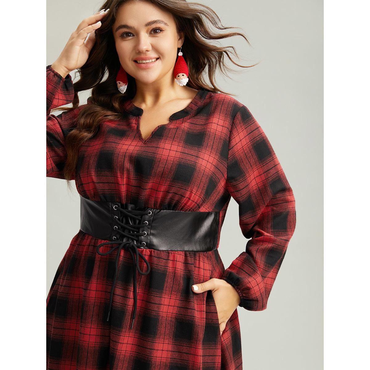 Plus Size Plaid Lace Up PU Leather Notched Dress Raspberry Women Elegant Elastic cuffs Notched collar Long Sleeve Curvy Midi Dress BloomChic 12/L Product Image
