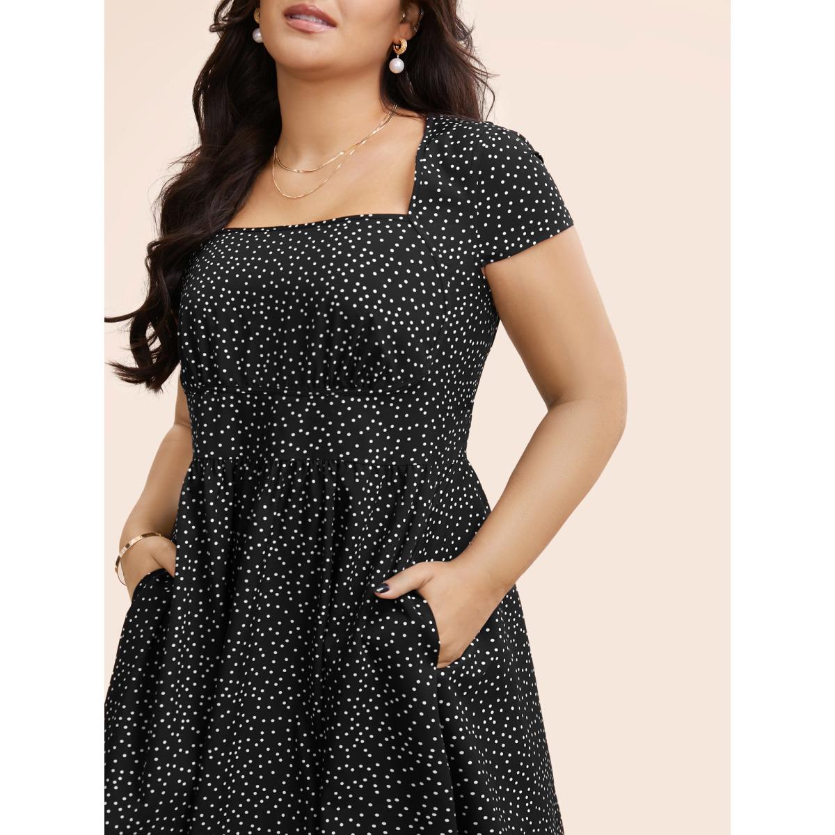 Plus Size Square Neck Polka Dot Shirred Midi Dress Black Women Elegant Shirred Square Neck Cap Sleeve Curvy BloomChic 30/6X Product Image