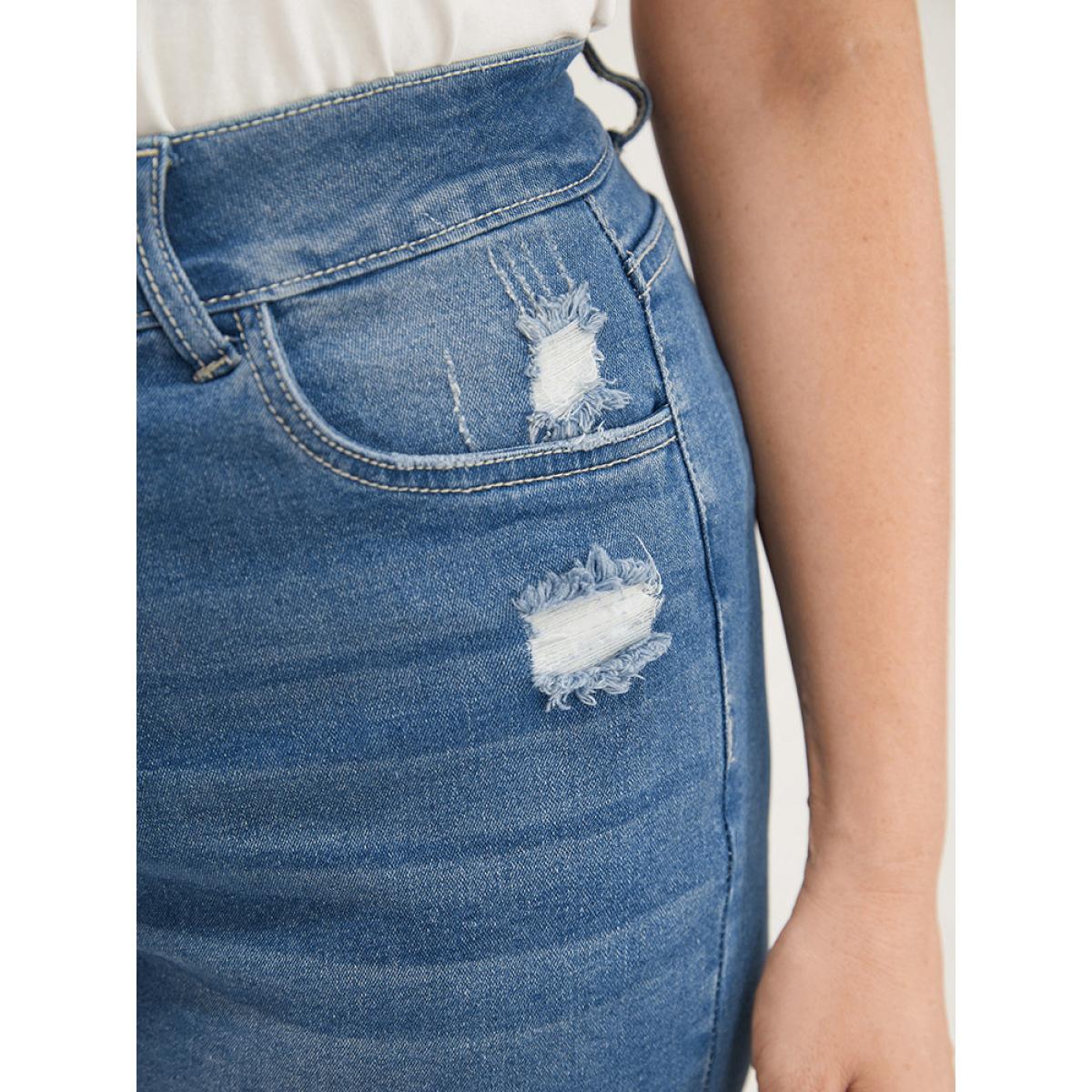 Plus Size Moderately Stretchy High Rise Roll Hem Single Breasted Jeans Women Blue Casual Plain Medium stretch Pocket Jeans BloomChic 10/M Product Image