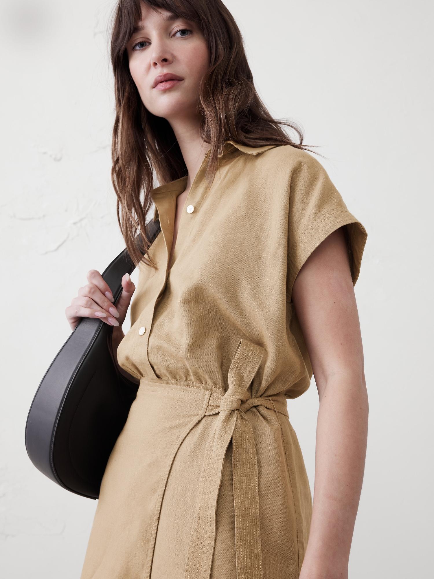 Linen-Blend Wrap Mini Shirtdress Product Image