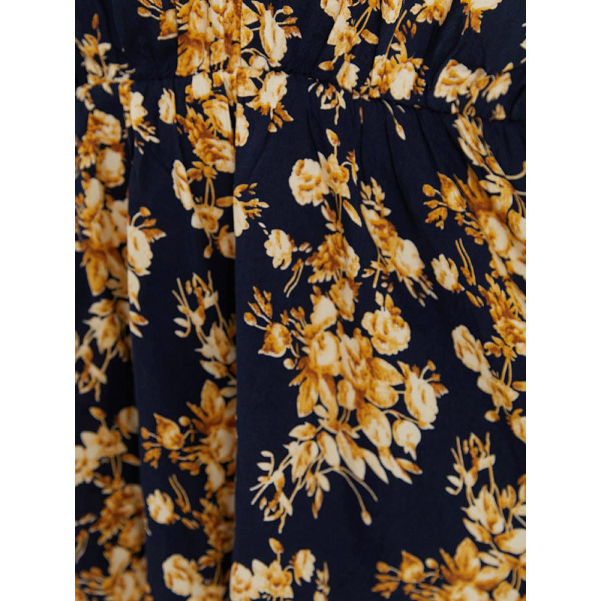 Plus Size Indigo Floral Print Flutter Sleeve Elastic Waist Blouse Women Elegant Short sleeve Round Neck Dailywear Blouses BloomChic 12/L Product Image