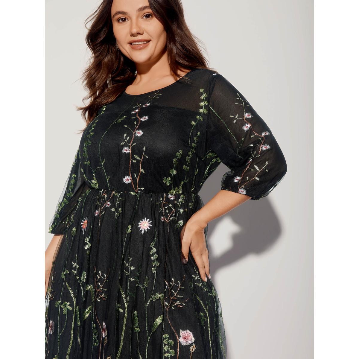Plus Size Floral Embroidered Elastic Waist Lined Midi Dress Black Women Formal Texture Party Curvy Bloomchic 10/M Product Image