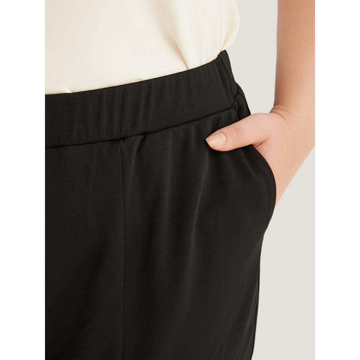Plus Size Plain Split Hem Pocket Elastic Waist Pants Women Black At the Office High Rise Office Pants BloomChic 10/M Product Image