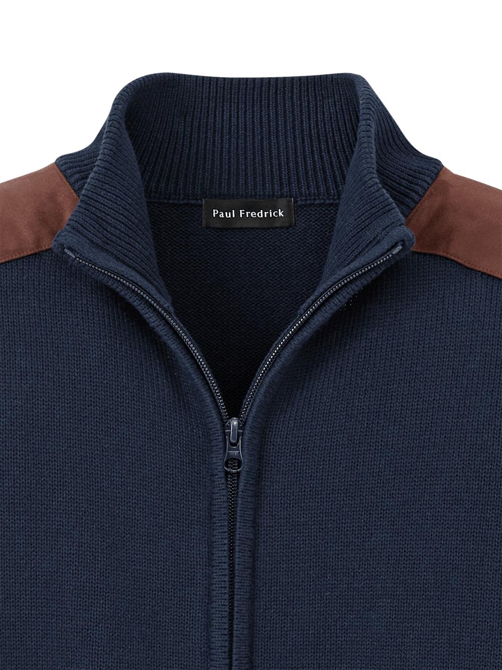 Cotton Full Zip Mock Neck Sweater - Navy Product Image
