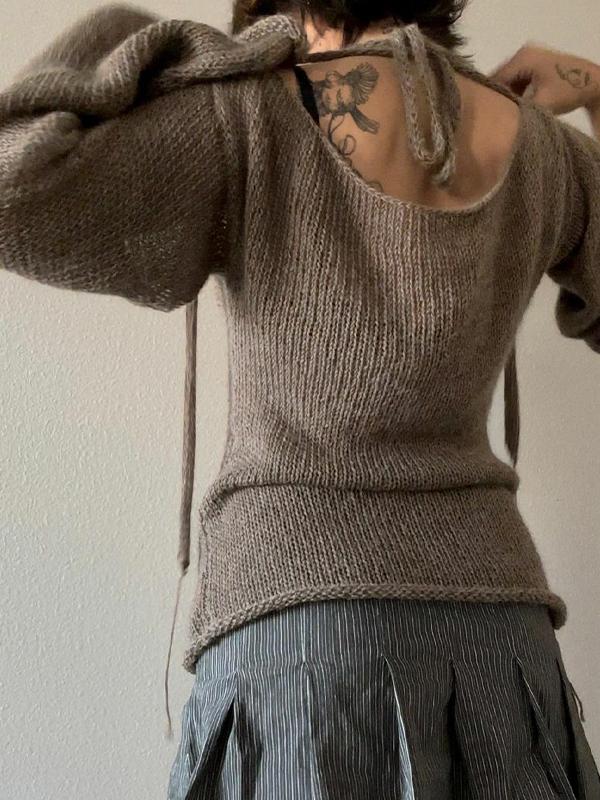 Solid Color Backless Lace Up Long Sleeve Knit Product Image