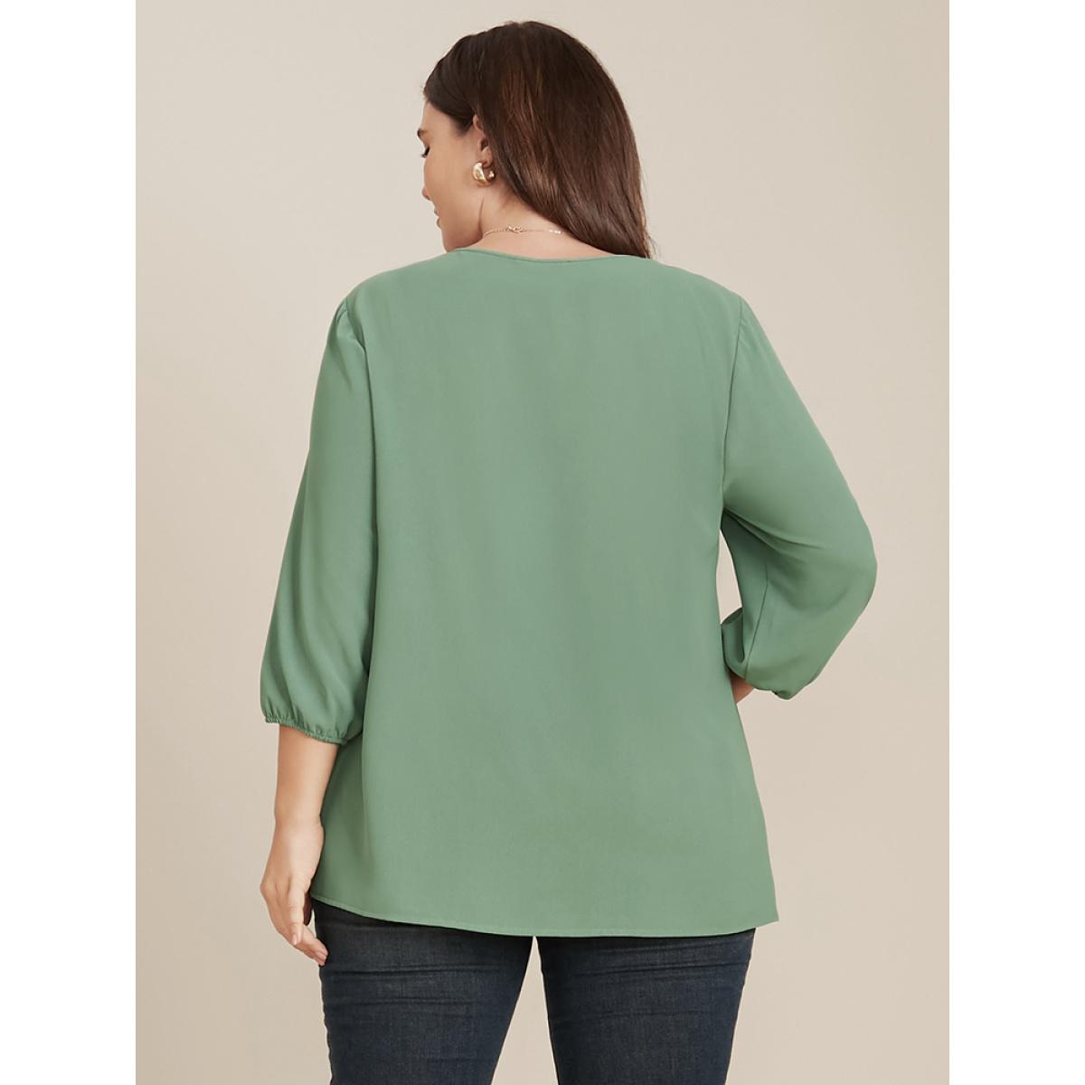 Plus Size Emerald Solid Lantern Sleeve Lace Trim V Neck Blouse Women Elegant Elbow-length sleeve V-neck Dailywear Blouses BloomChic 12/L Product Image
