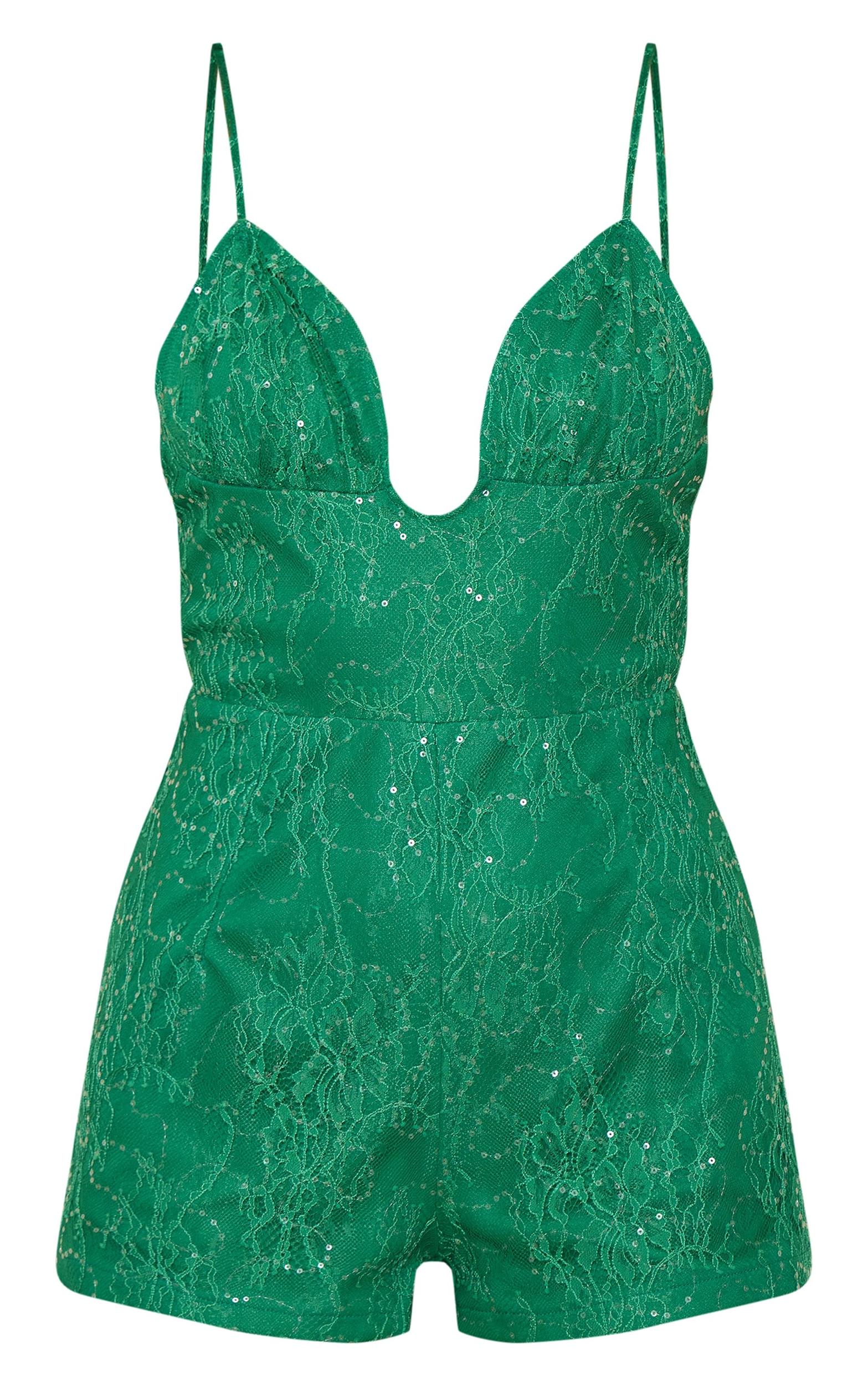 Dark Green Strappy Lace Sequin Romper Product Image