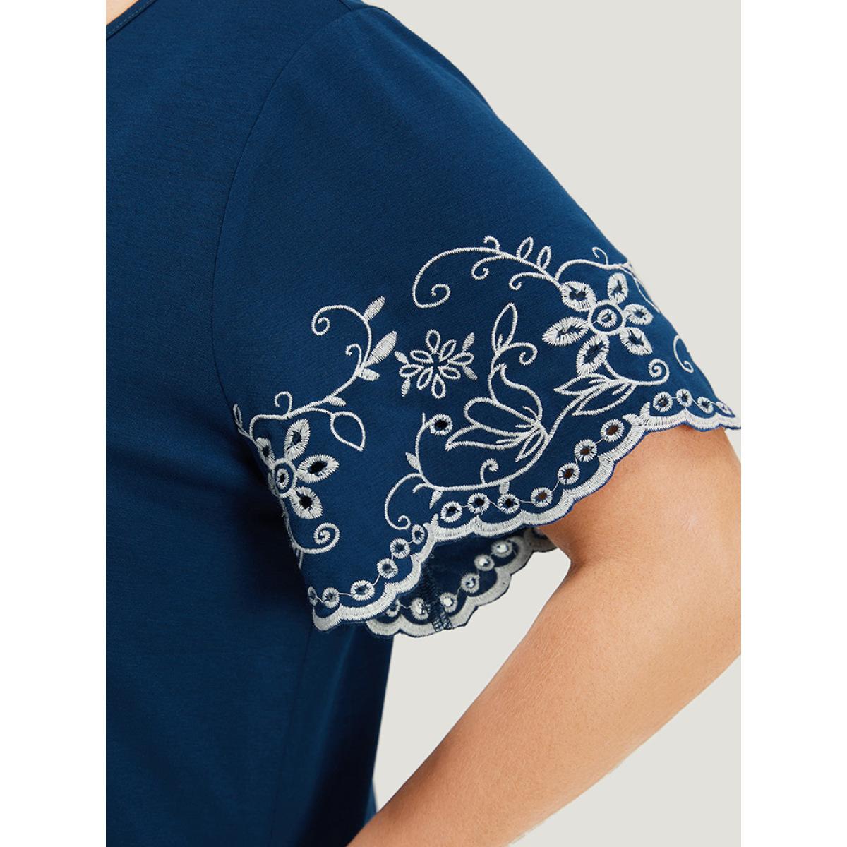 Plus Size Floral Broderie Anglaise Ruffle Sleeve T-shirt DarkBlue Women Elegant Broderie anglaise Floral Round Neck Dailywear T-shirts BloomChic 22-24/3X Product Image
