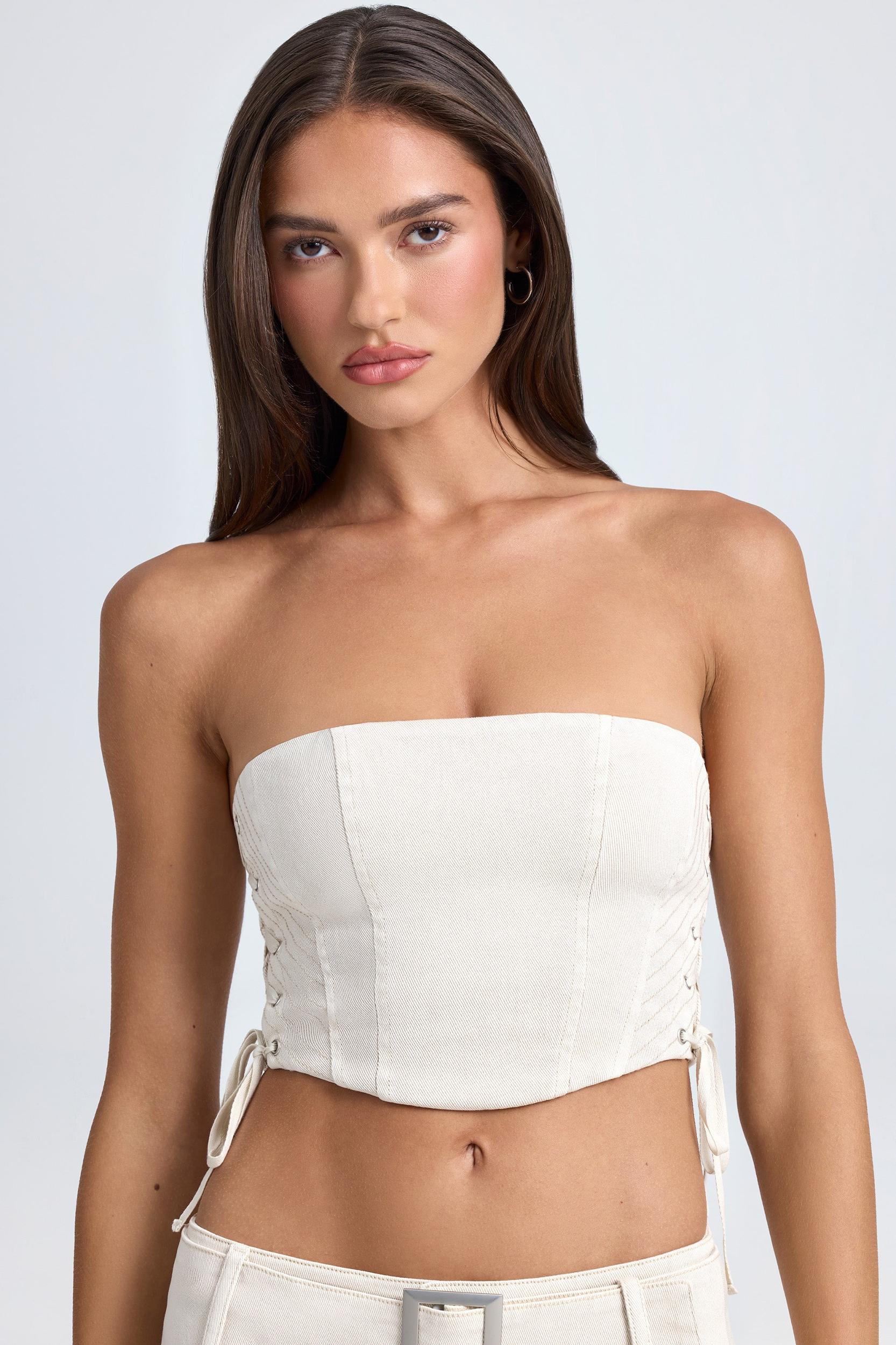 Bandeau Lace-Up Corset Crop Top in Ecru Product Image