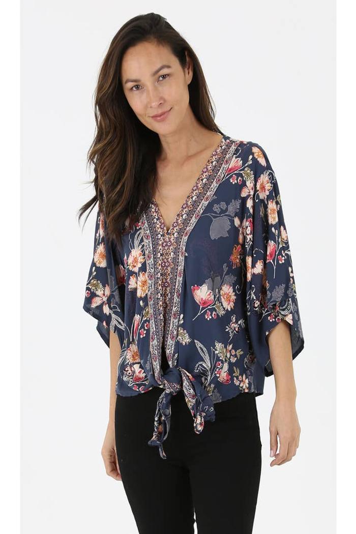 V Neck Tie Waist Kimono Sleeve Blouse Product Image
