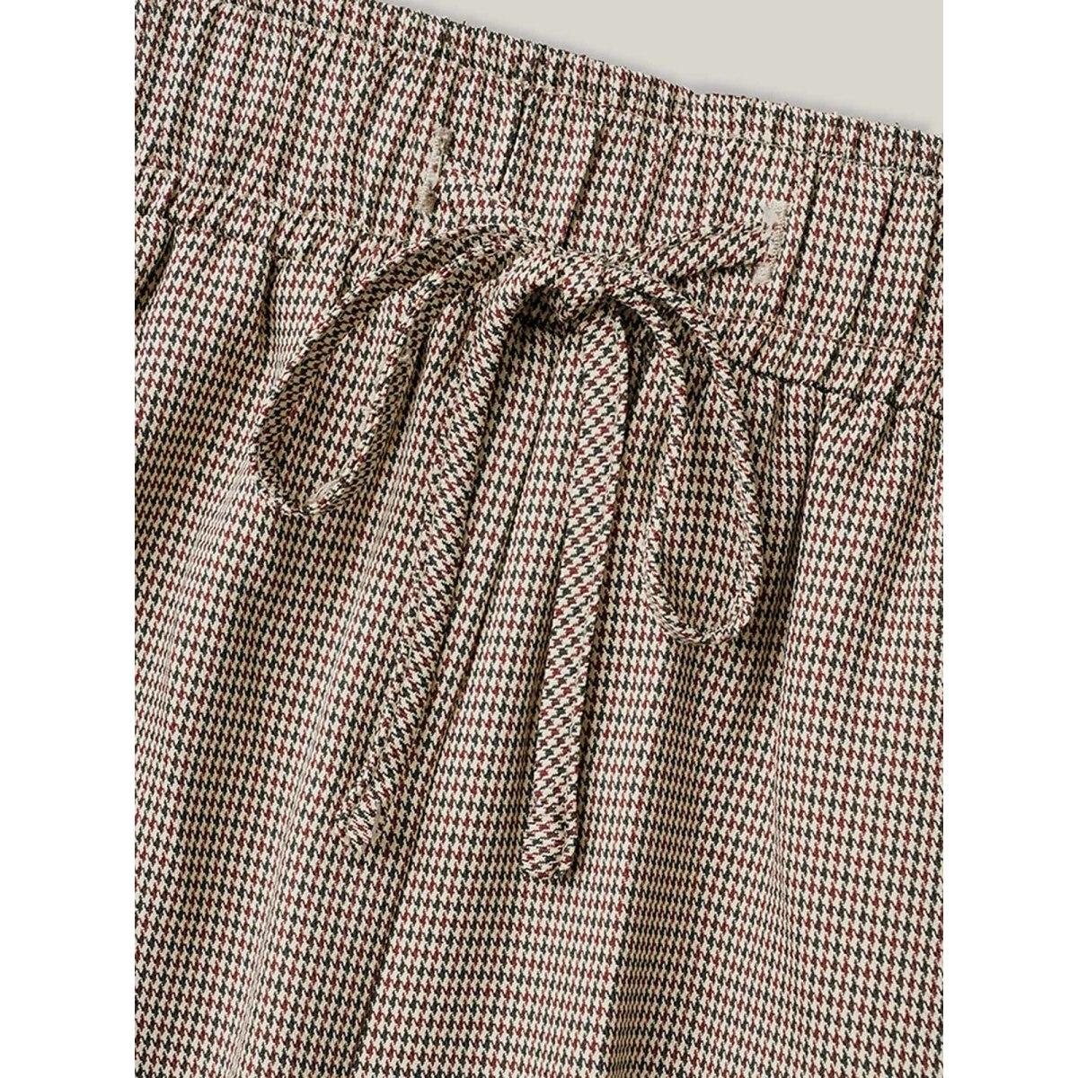 Plus Size Houndstooth Print Drawstring Waist Pants Women LightBrown Work From Home Straight Leg Mid Rise Work Pants BloomChic 12/L Product Image
