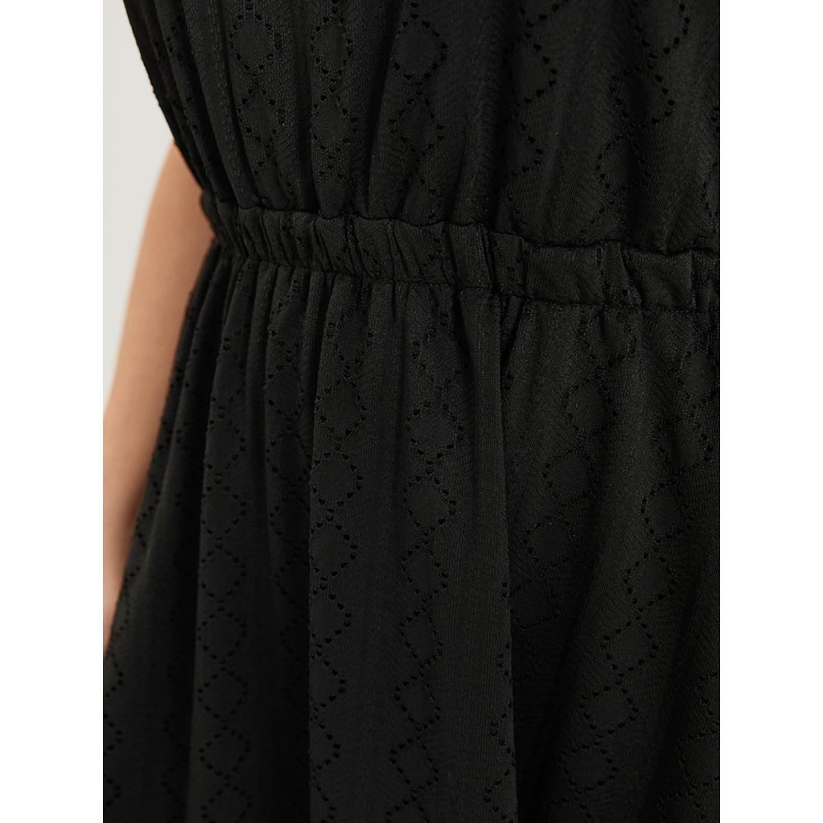 Plus Size Plain Geo Eyelet Batwing Sleeve Elastic Waist Dress Black Women Casual Texture Round Neck Short sleeve Curvy Midi Dress BloomChic 28/5X Product Image