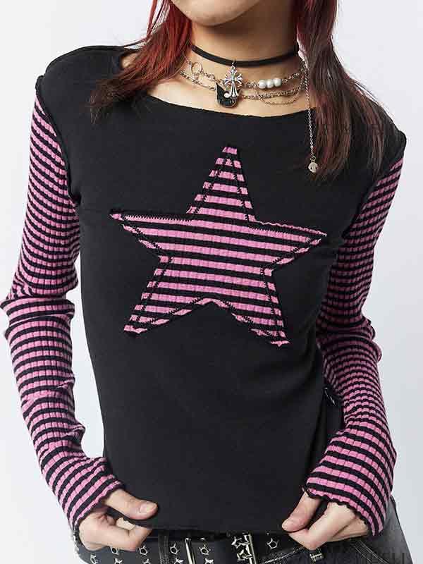 Stripe Star Print Patchwork Slim Long Sleeve Tee Product Image