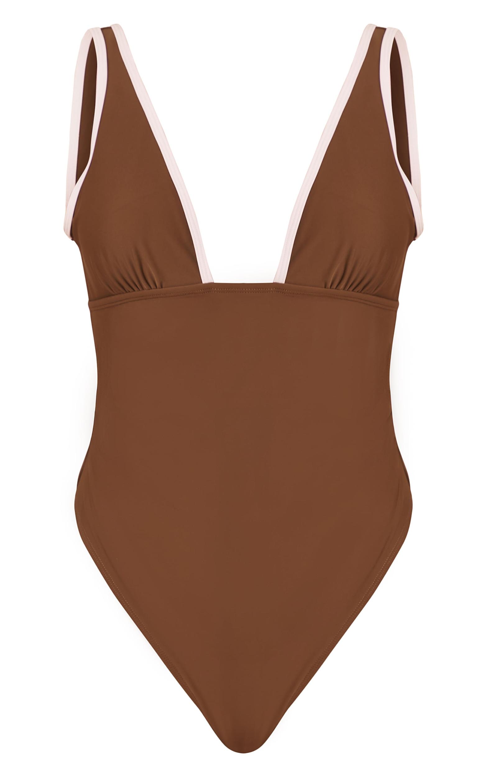 Mocha Contrast Binding Plunge Ruched Swimsuit Product Image