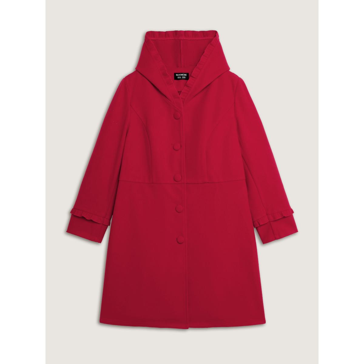 Plus Size Ruffle Trim Waist-Defining Pockets Coat Women Brightred Leisure Button Ladies Casual Winter Coats BloomChic 26/4X Product Image
