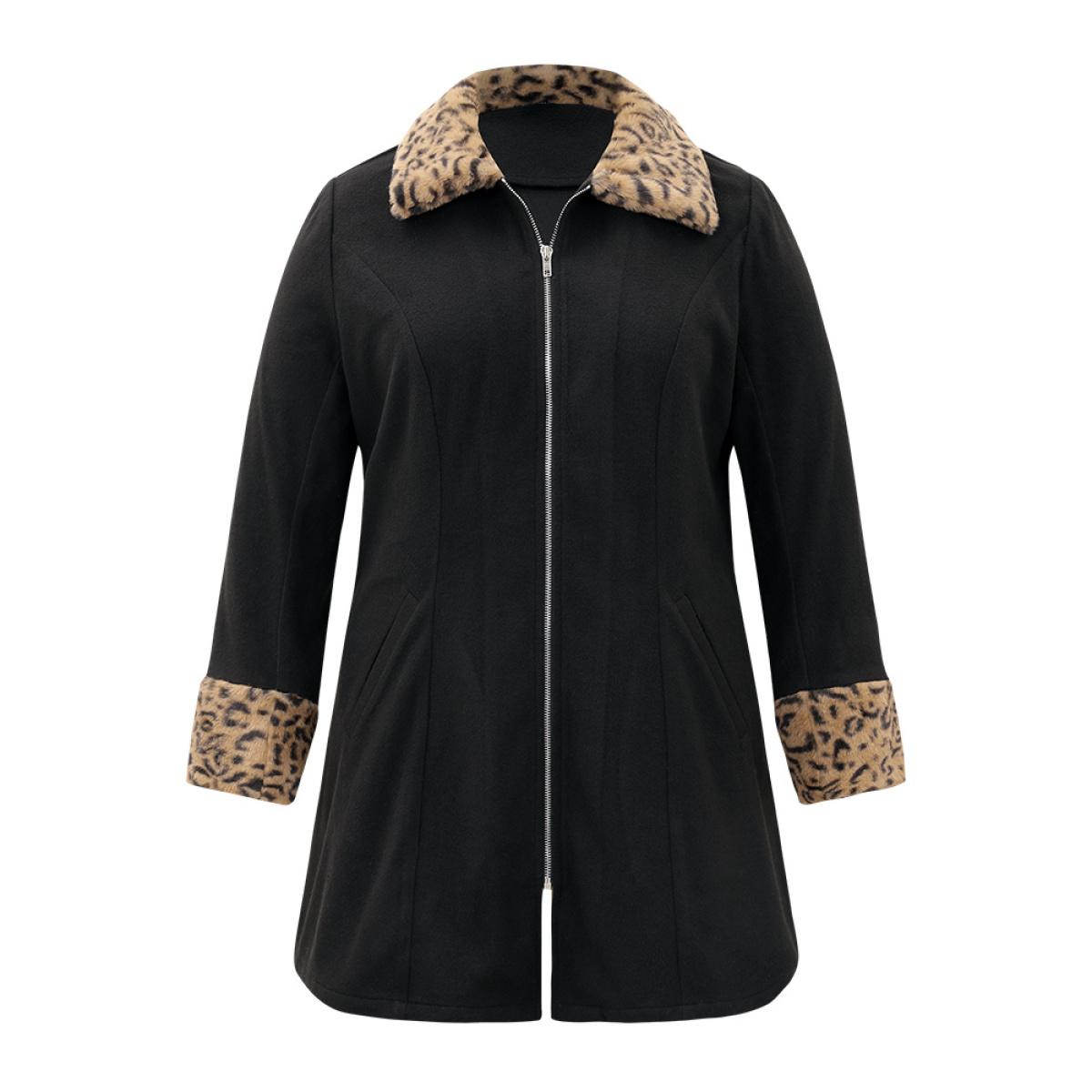 Plus Size Leopard Patchwork Fuzzy Trim Zipper Coat Women Black Casual Contrast Ladies Dailywear Winter Coats BloomChic 30/6X Product Image