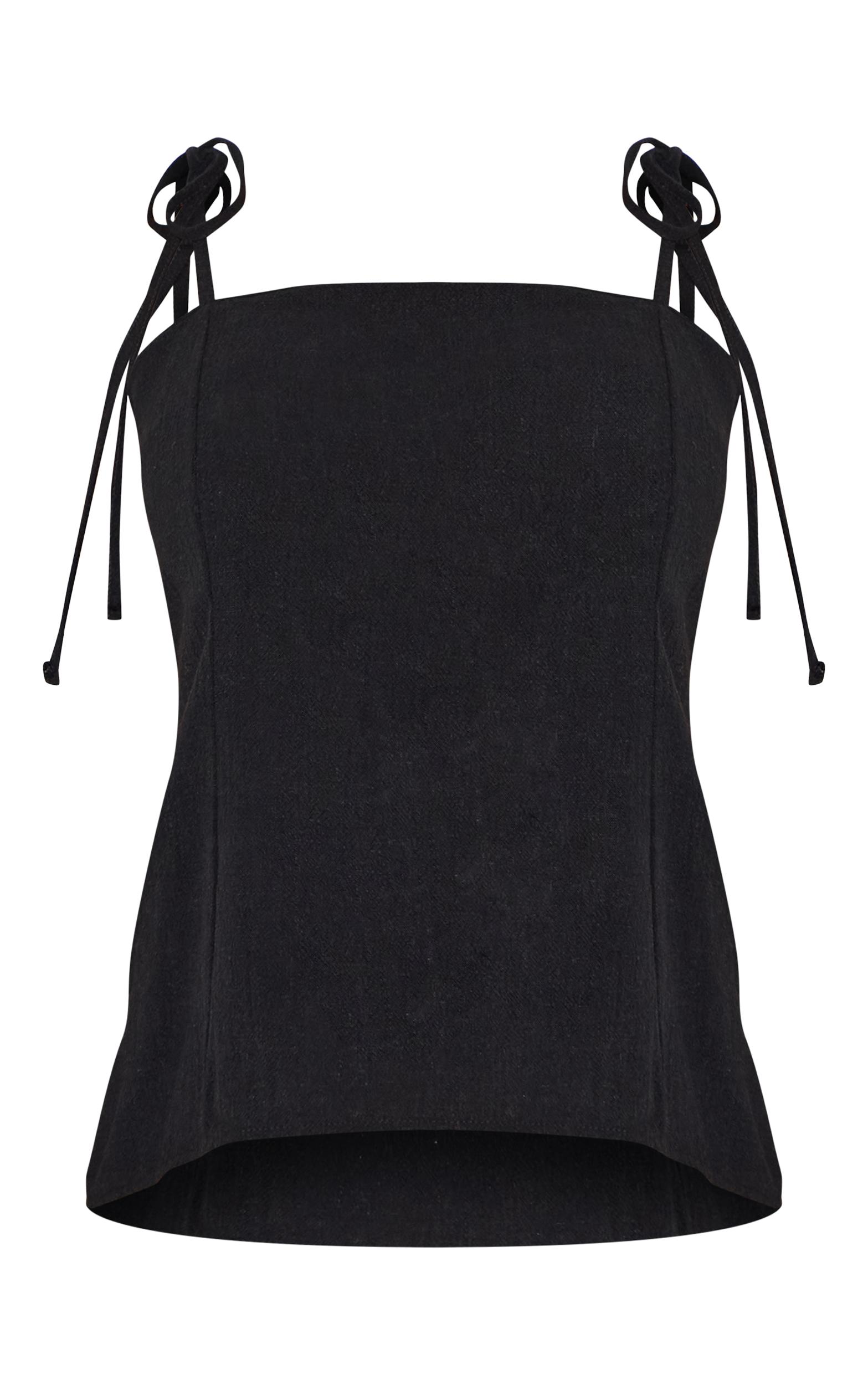 Petite Black Lightweight Linen Look Woven Tie Strap Cami Top Product Image
