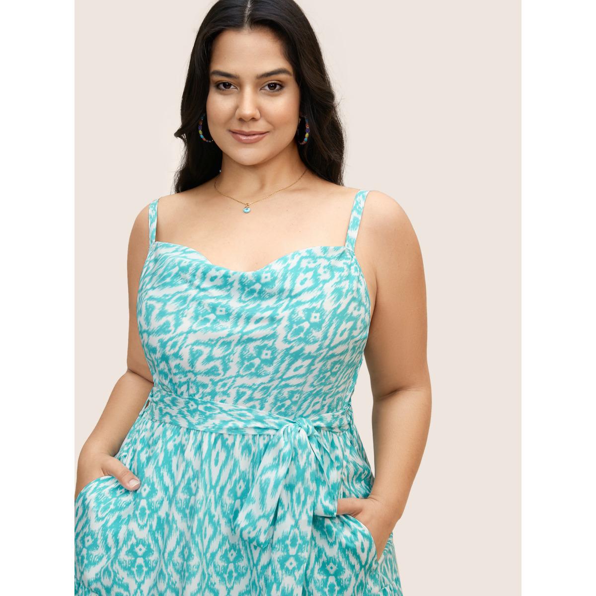 Plus Size Cowl Neck Bandana Print Midi Dress Turquoise Women Resort Cowl Neck Sleeveless Curvy BloomChic 28/5X Product Image