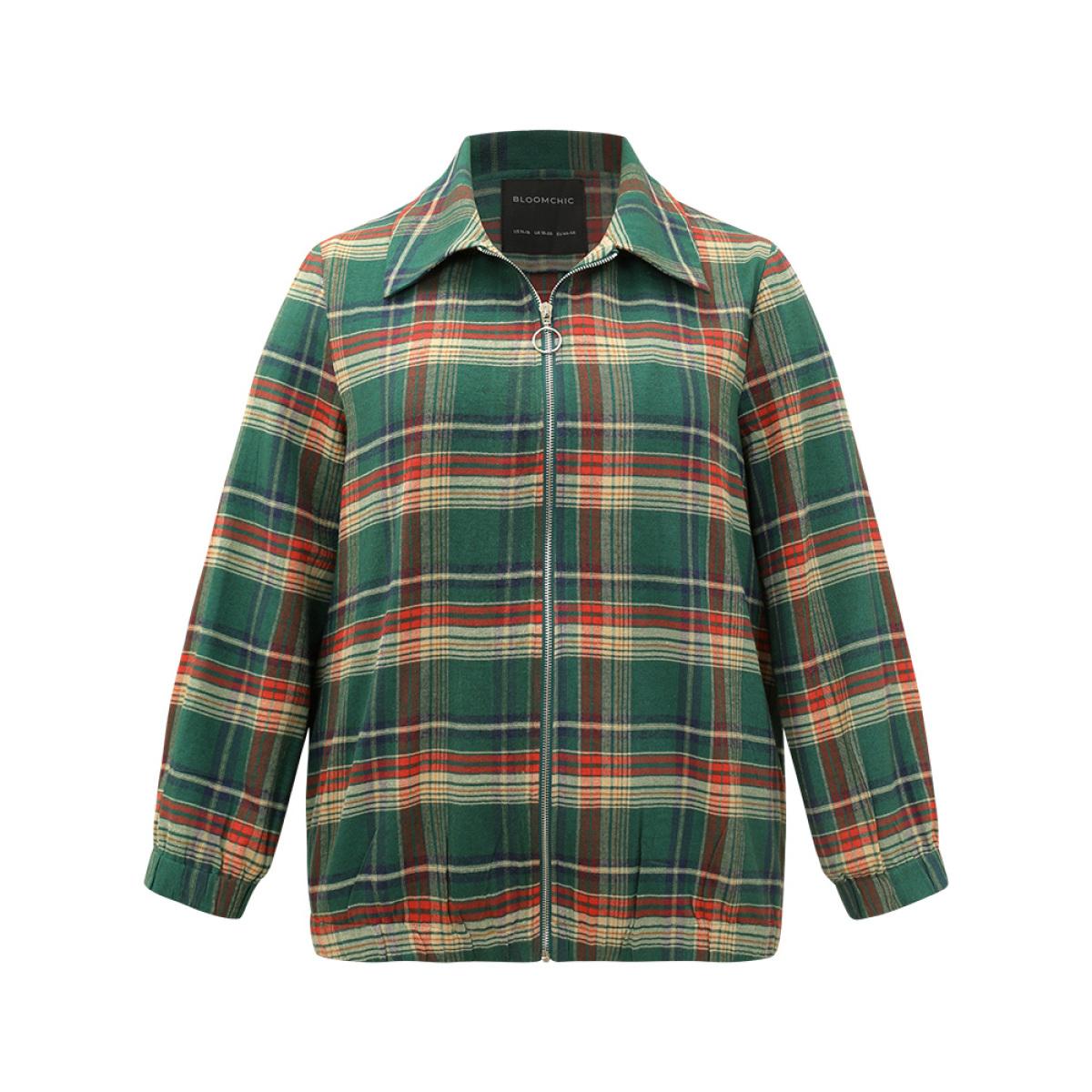 Plus Size Plaid Contrast Zipper Pocket Jacket Women Emerald Elastic cuffs Pocket Dailywear Jackets BloomChic 14-16/1X Product Image