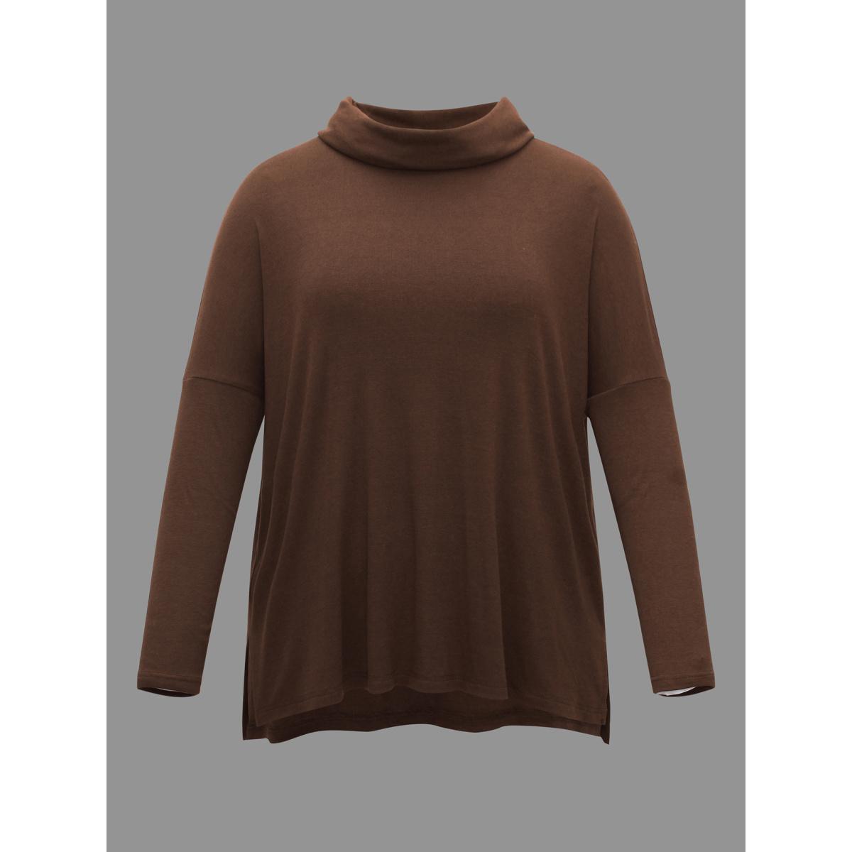 Plus Size Turtleneck Dolman Sleeve Split Hem T-shirt Browncoffeecolor Women Leisure Slit Ruffled collar Loose Casual T-shirts BloomChic 30/6X Product Image