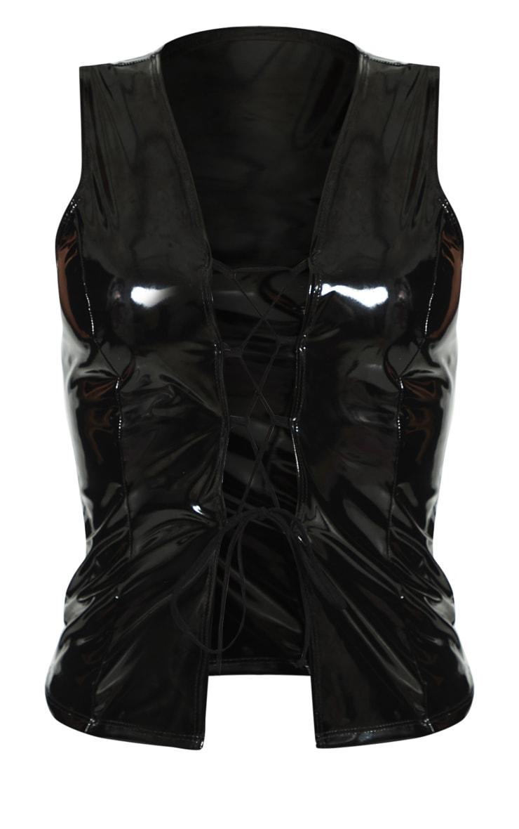 Black Vinyl Plunge Lace Up Sleeveless Long Top Product Image