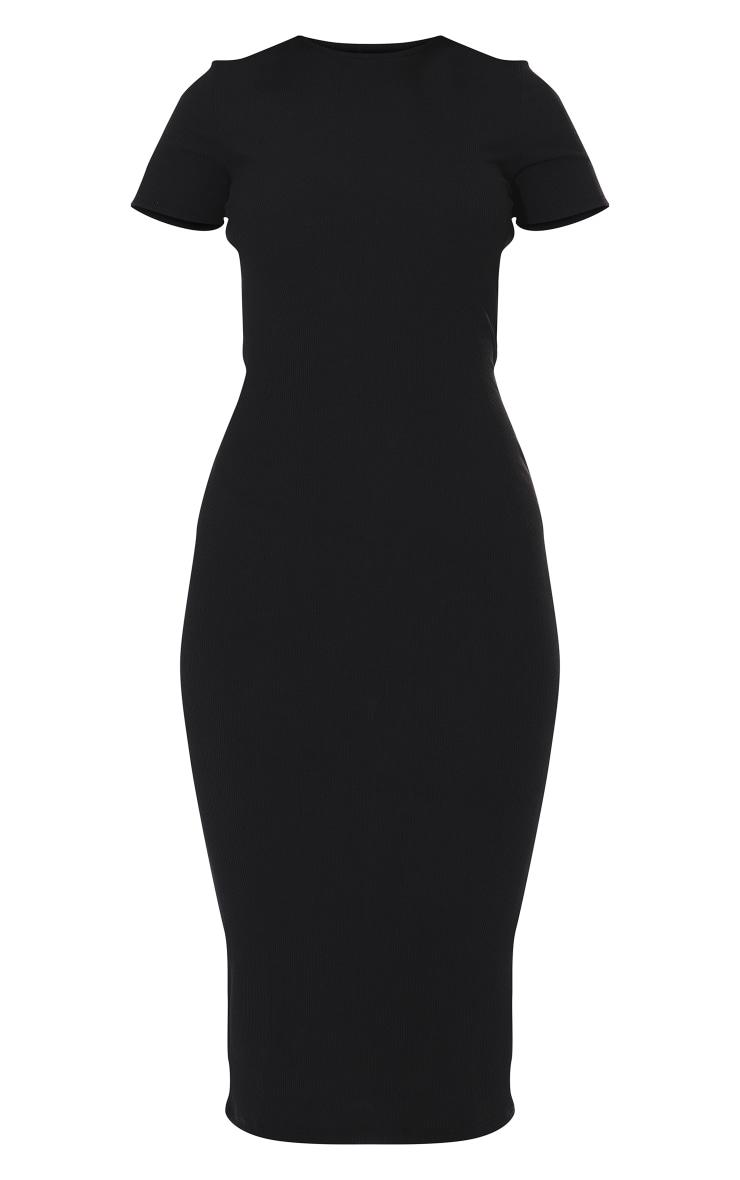 Black Ribbed Short Sleeve Crew Neck Midi Dress Product Image