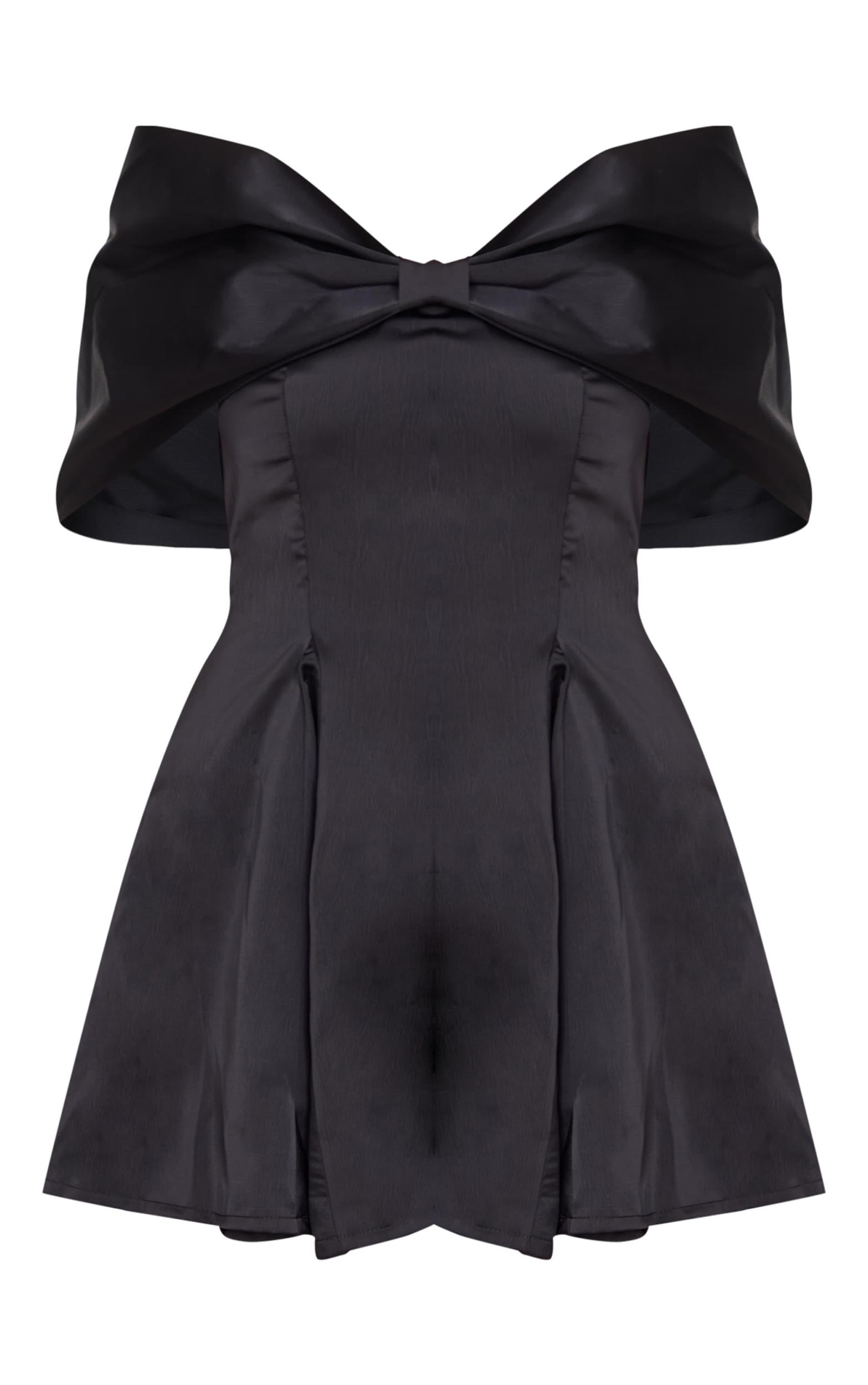 Premium Black Satin Extreme Bow Detail Romper Product Image