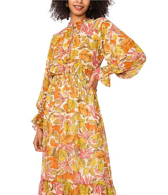 Vince Camuto Woven V-Neck Long Sleeve Smocked Waist Tie Front Dress Product Image