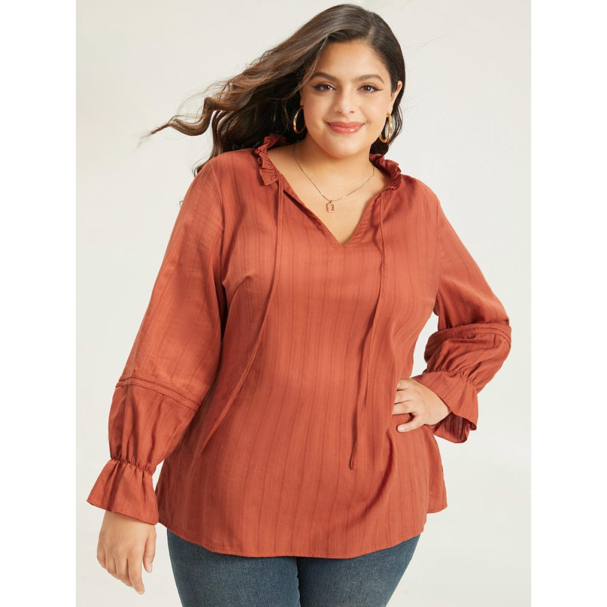 Plus Size OrangeRed Plain Tie Neck Textured Ruffle Trim Blouse Women Elegant Long Sleeve Tie Neck Dailywear Blouses BloomChic 14-16/1X Product Image