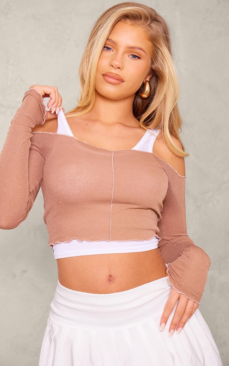 Mocha Burnout Mesh Rib Overlay Crop Top Product Image