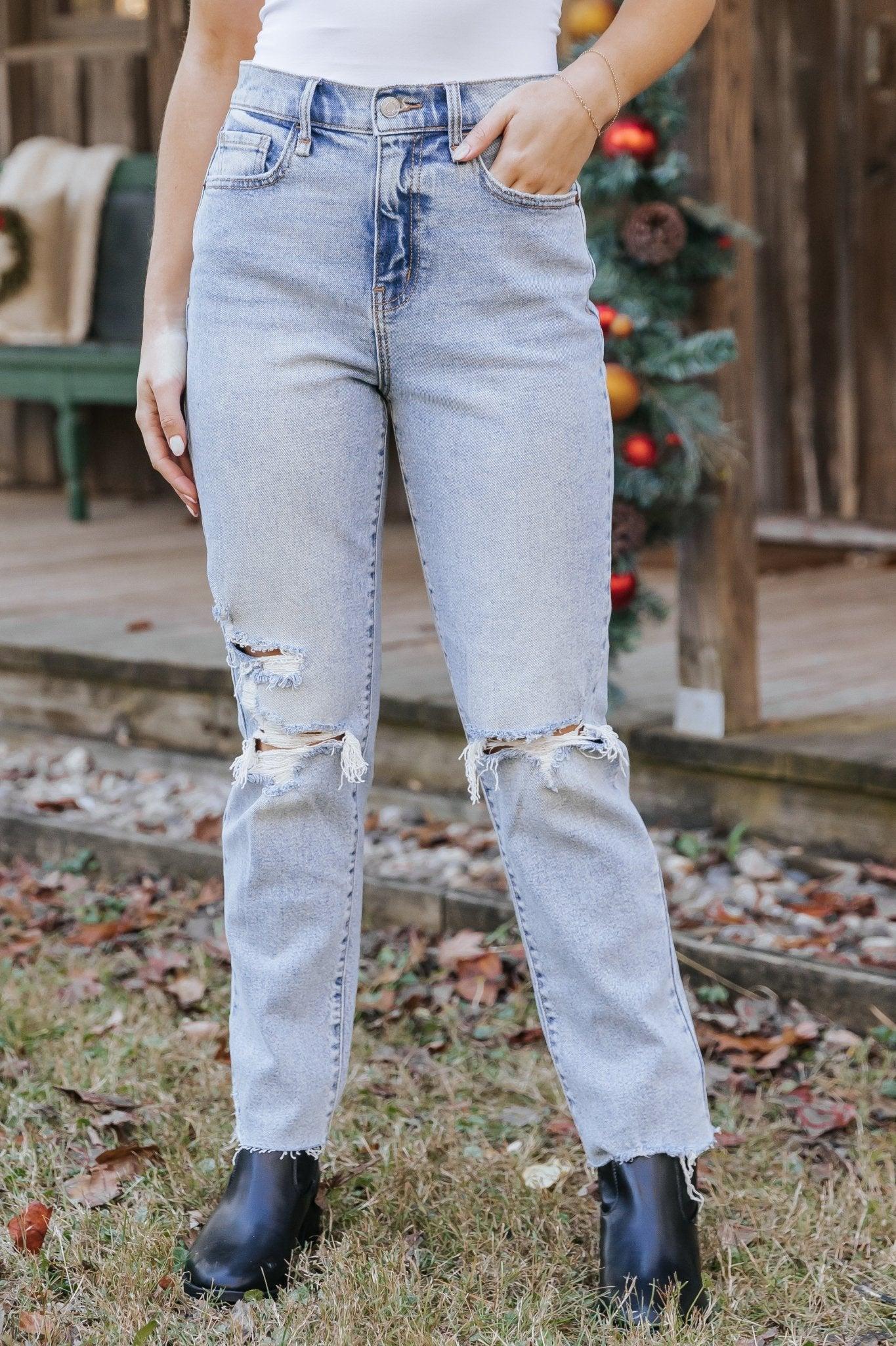 Light Wash High Rise Distressed Straight Leg Jeans - FINAL SALE Product Image