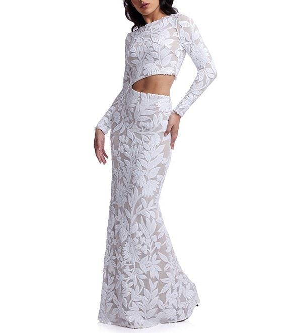 Dress the Population Candace Floral Sequin Mesh Round Neck Long Sleeve Cutout Gown Product Image