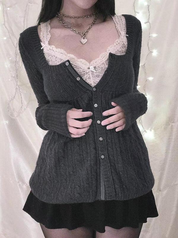 Solid Pointelle Square Neck Knit Cardigan Product Image