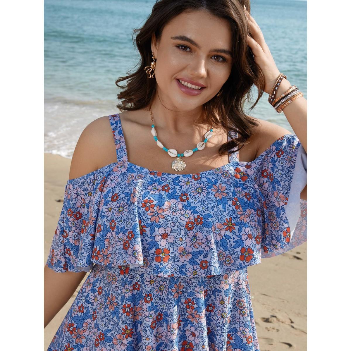 Plus Size Floral Cold-Shoulder Ruffled Swim Dress Women's Swimwear LightBlue Beach Bodycon One-shoulder neck High stretch Curve Swim Dresses BloomChic 30/6X Product Image