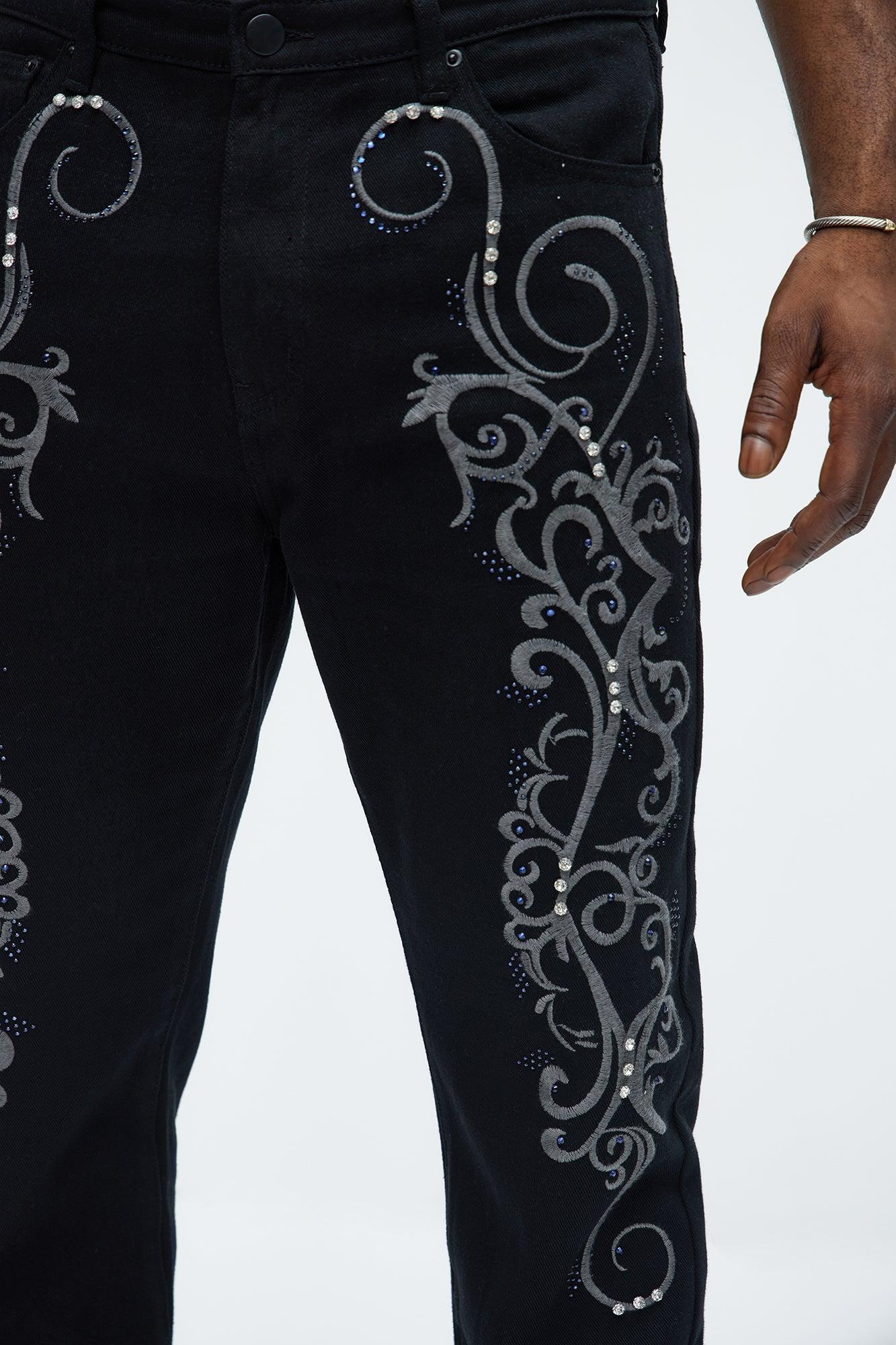 Kurt Rhinestone Embroidered Slim Jeans - Black Product Image