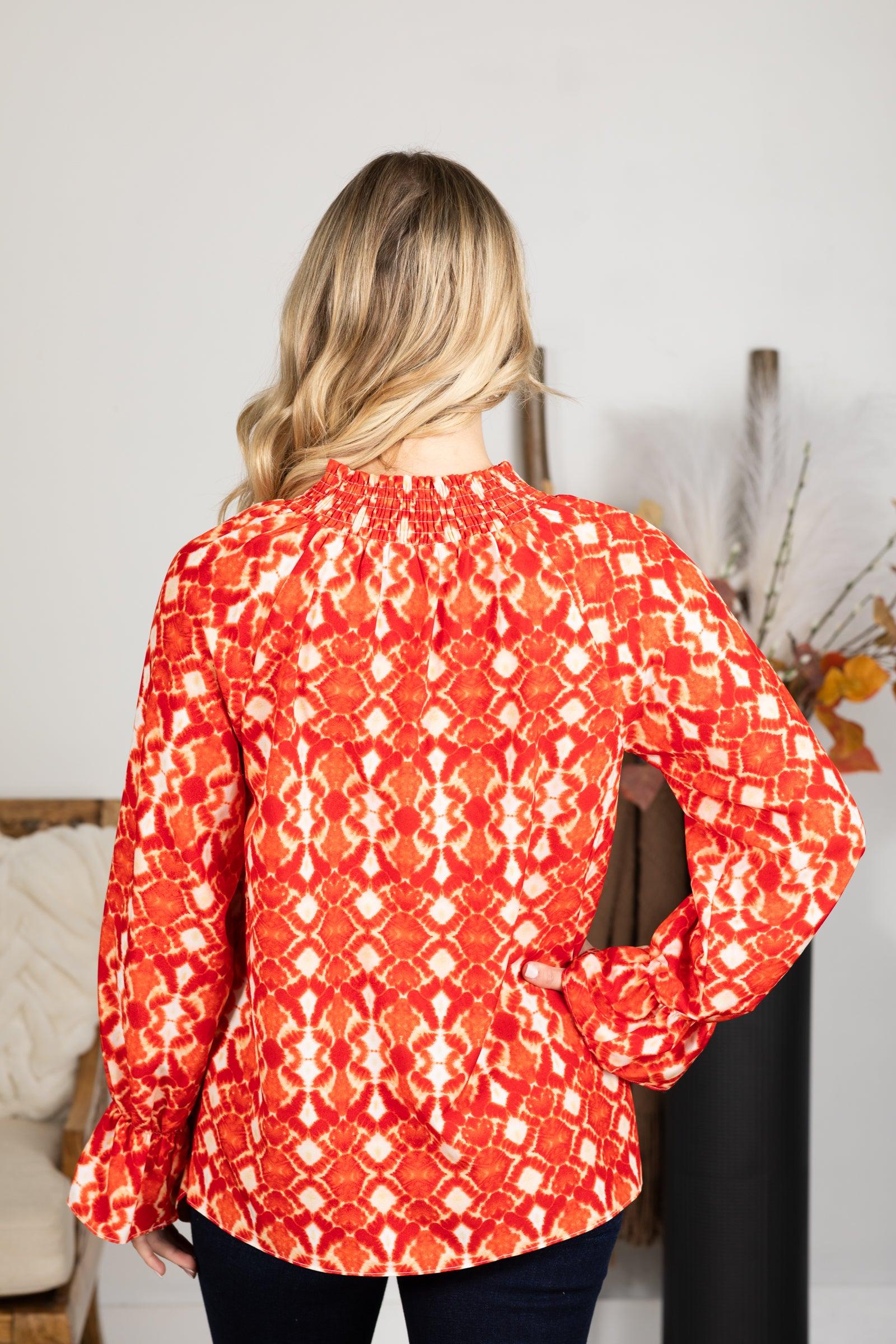 Red and Peach Boho Print Notch Neck Top Product Image