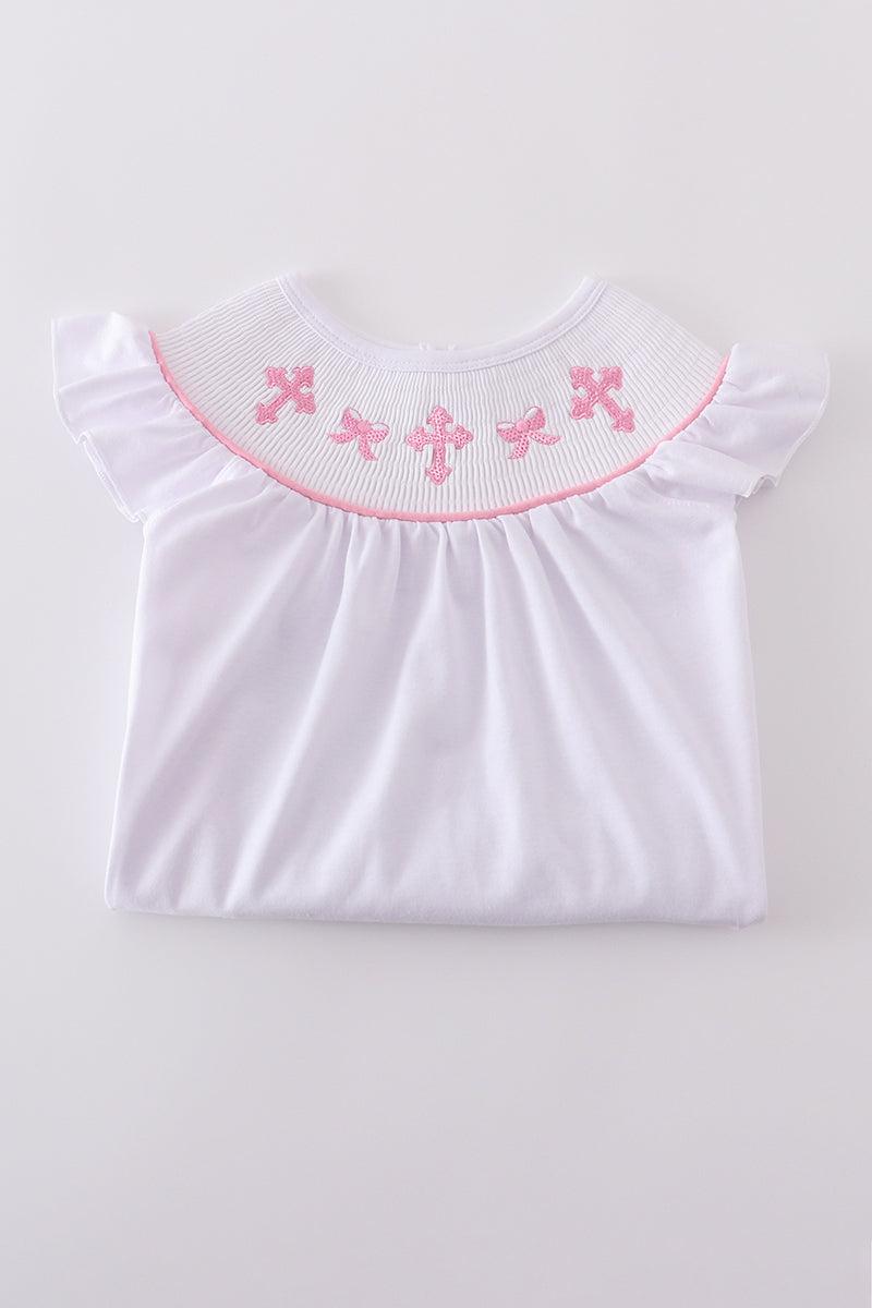 Pink cross embroider smocked set Product Image