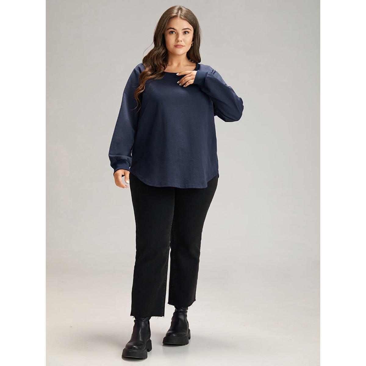 Plus Size Cotton Curved Hem Elastic Cuffs Sweatshirt Women Indigo Casual Elastic cuffs Round Neck Dailywear Sweatshirts BloomChic 22-24/3X Product Image