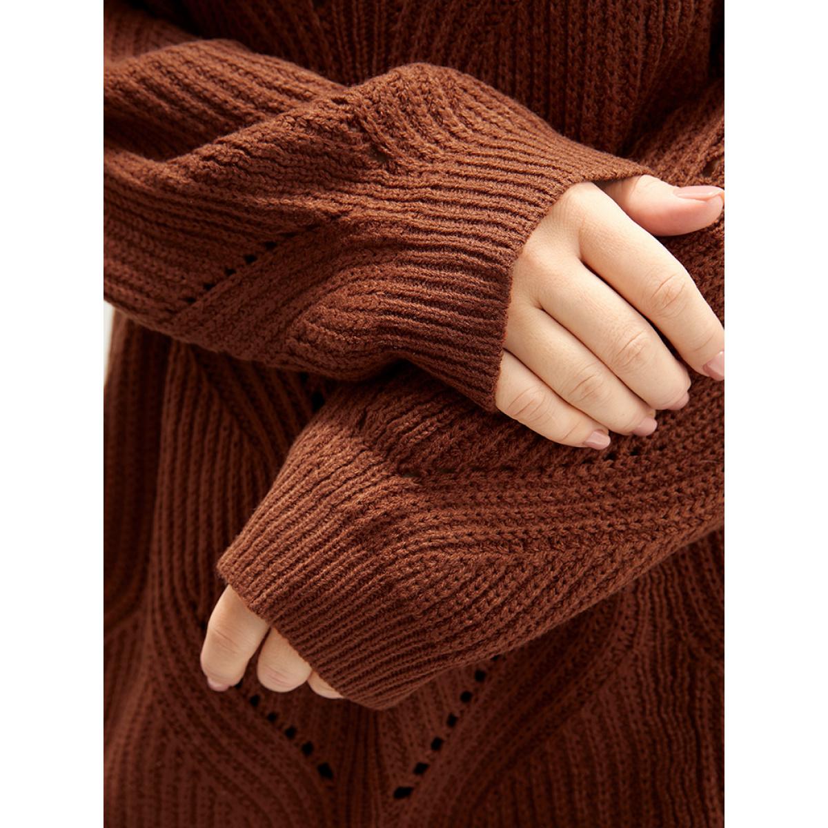 Plus Size Solid Pointelle Knit Cut Out Round Neck Knit Top Maroon Women Casual Loose Long Sleeve Dailywear Pullovers BloomChic 14-16/1X Product Image