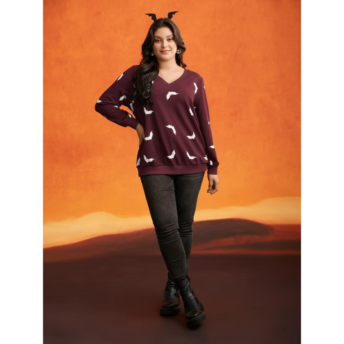 Plus Size Bat Print V-Neck Sweatshirt Women Scarlet Casual Patchwork Loose V-neck Everyday Sweatshirts BloomChic 22-24/3X Product Image