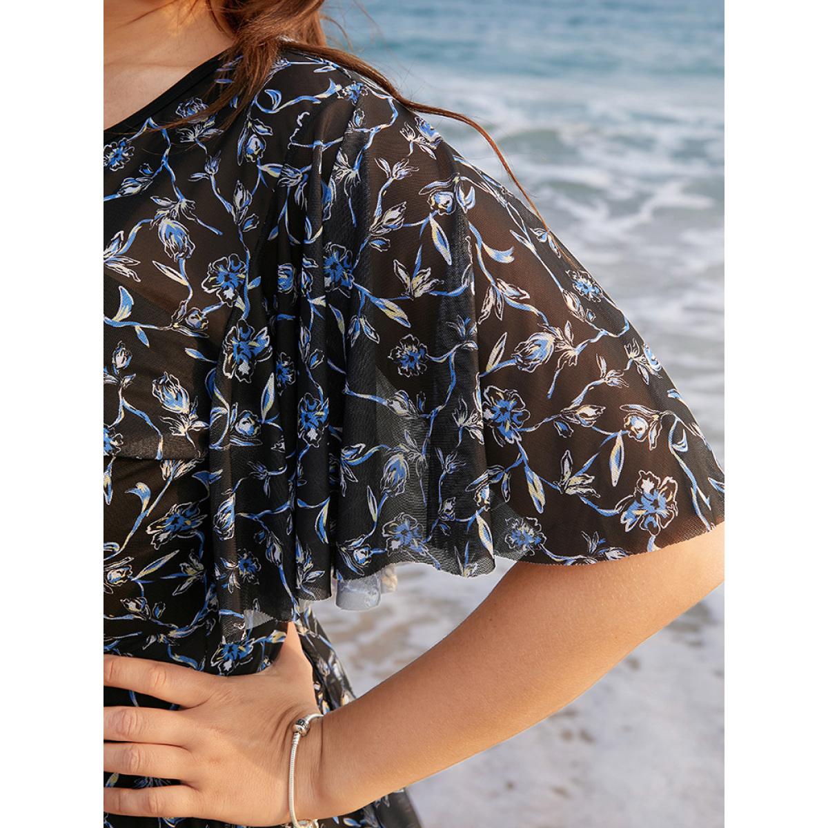 Plus Size Ditsy Floral Ruffle Sleeve Cut Out Swim Dress Women's Swimwear BlackFlower Resort Bodycon Round Neck High stretch Curve Swim Dresses BloomChic 10/M Product Image