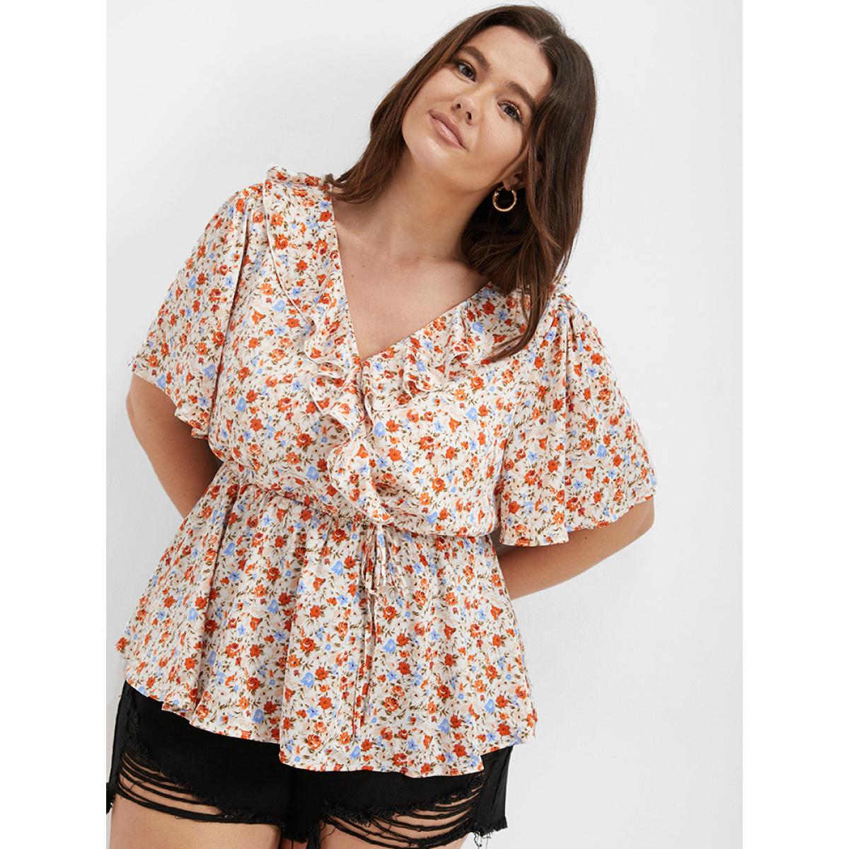 Plus Size Orange Ditsy Floral V Neck Ruffle Tie Front Blouse Women Casual Short sleeve V-neck Dailywear Blouses BloomChic 16/1X Product Image